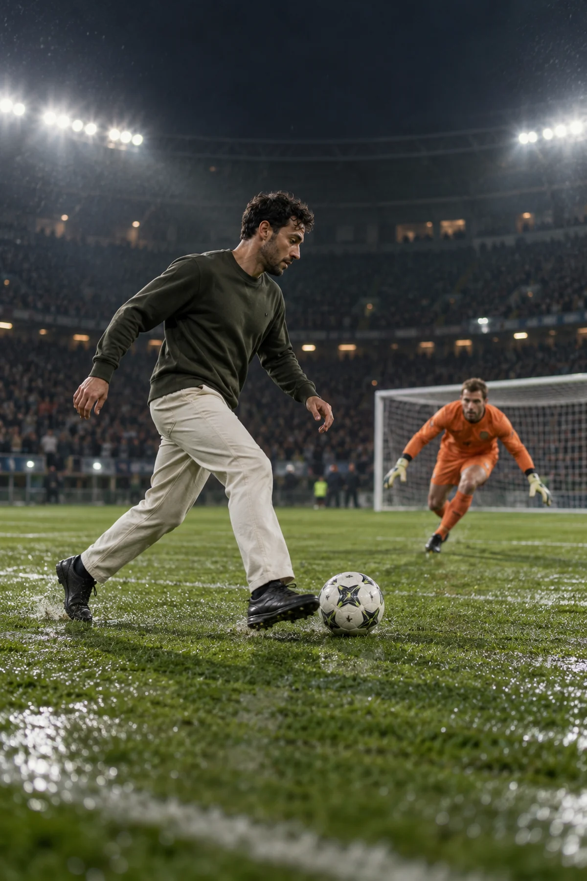 AI concept artwork of a fictional adult dribbling toward goal on a floodlit football pitch
